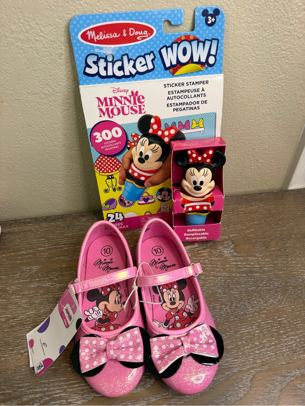 Disney Minnie Mouse Pink Glitter Ballet Flats Shoes Toddler Girls 10 & Sticker